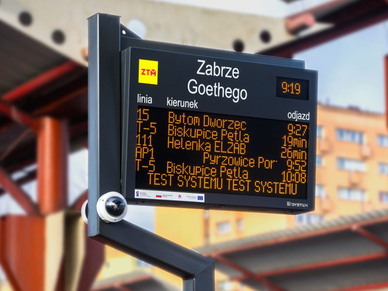 SDIP DPIDS Dynamic Passenger Information Display System. LED amber passenger information board. High-resolution surveillance camera. Text-to-speech system. The extension of passenger information system for 460 bus and tram stops KZKGOP ZTM GZM Metropolis, Poland