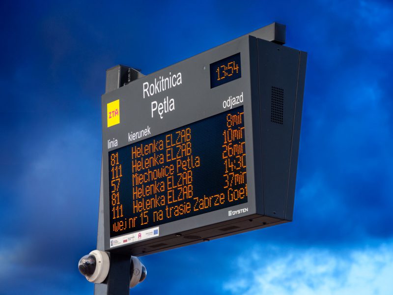 SDIP DPIDS Dynamic Passenger Information Display System. LED amber passenger information board. High-resolution surveillance camera. Text-to-speech system. The extension of passenger information system for 460 bus and tram stops KZKGOP ZTM GZM Metropolis, Poland