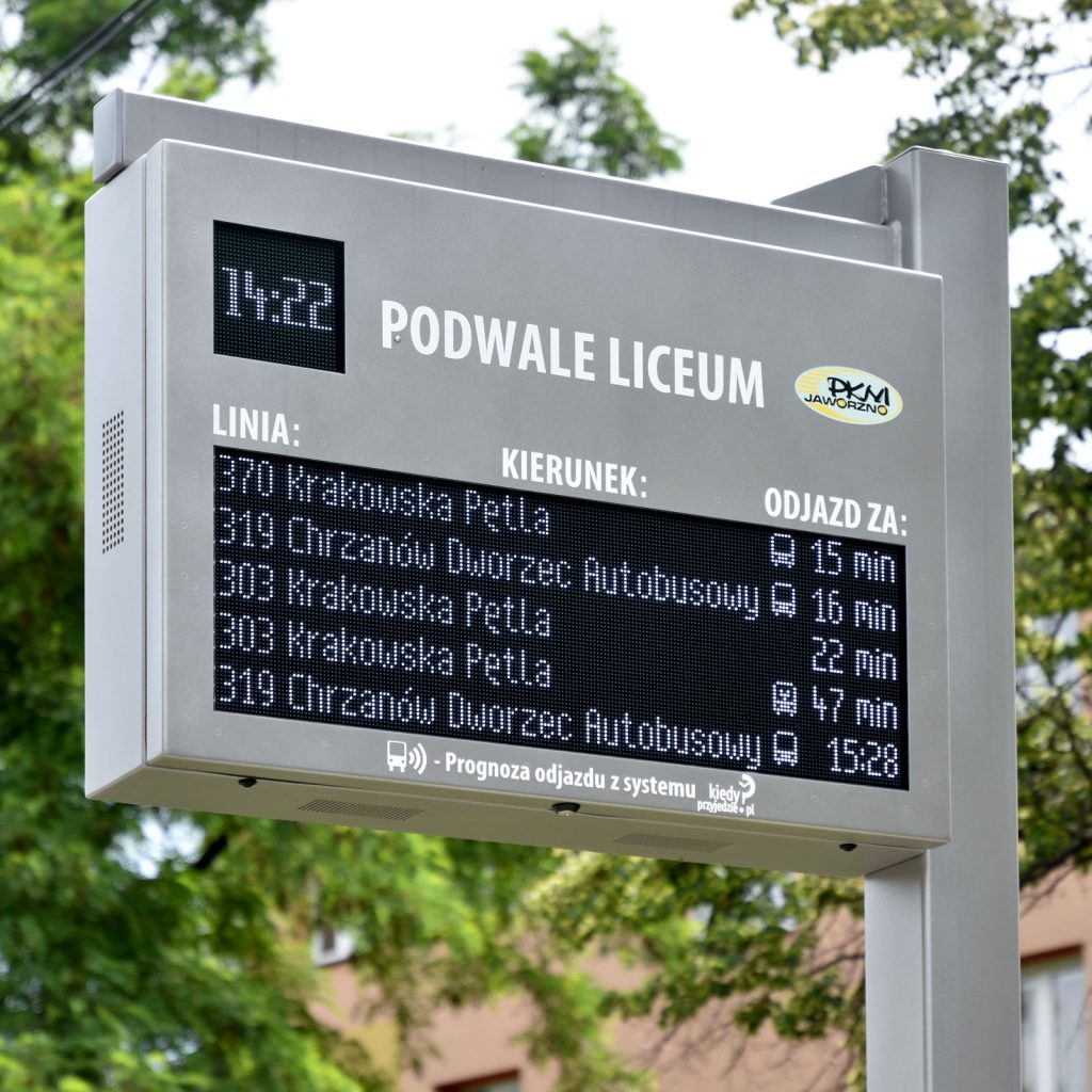 Dynamic Passenger Information RGB LED Board, part of Passenger Information System in Jaworzno, Poland.
