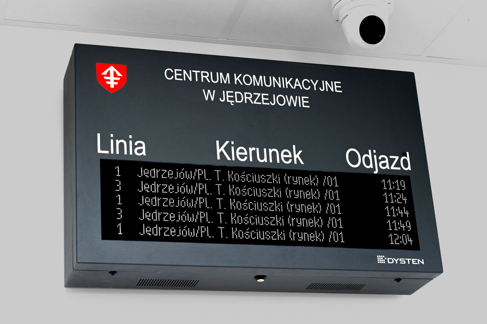 Wyświetlacze dynamicznej informacji pasażerskiej LED RGB - Centrum przesiadkowe w Jędrzejowie. Real-time LED Passenger Information Display Boards for traffic centre in Jedrzejow.