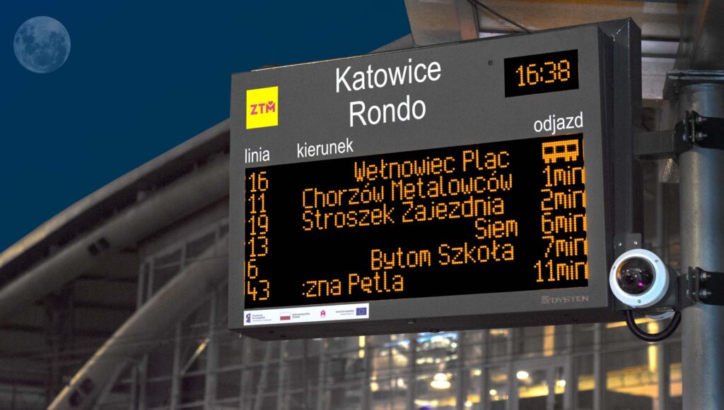 LED real-time passenger information display boards. PIS GZM Metropolis, Poland. Wyświetlacze informacji pasażerskiej w technologii LED amber. SDIP GZM Metropolia. System Dynamicznej Informacji Pasażerskiej