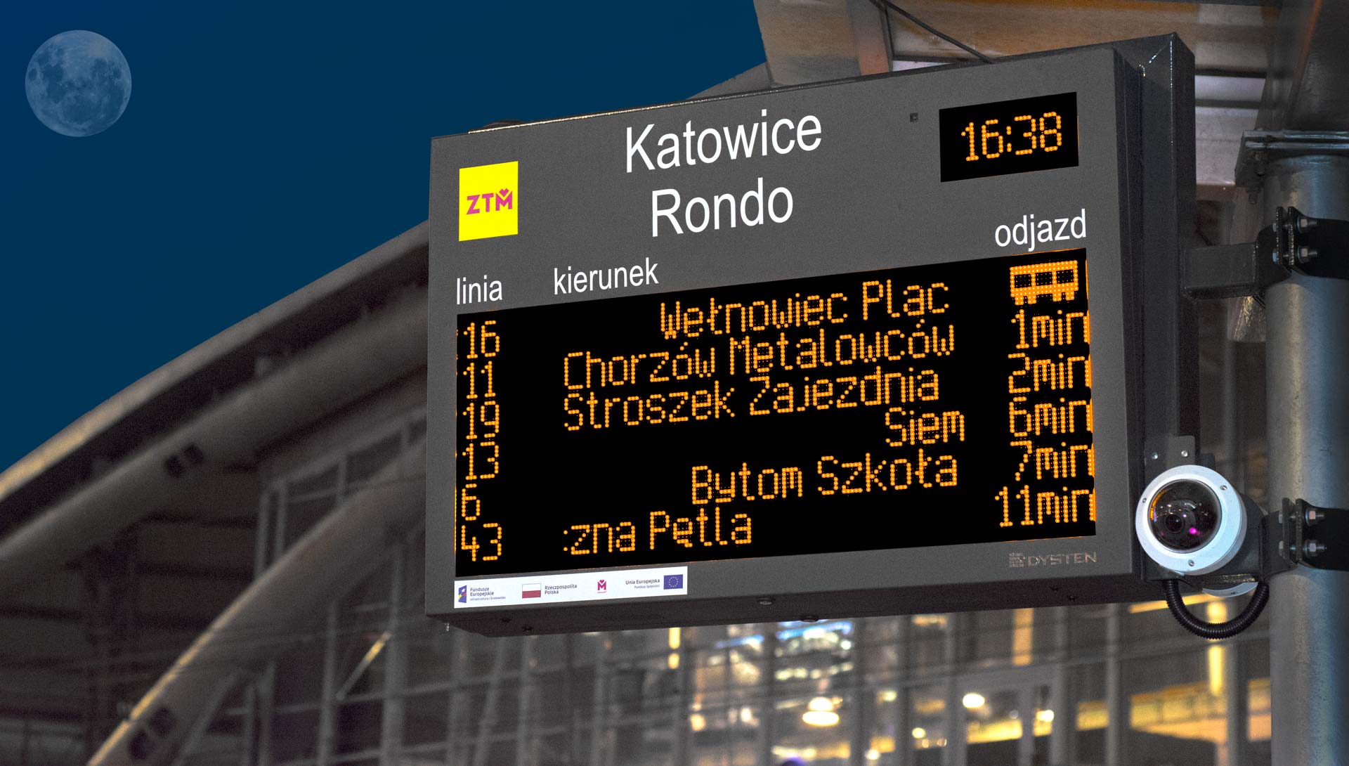 LED real-time passenger information display boards. PIS GZM Metropolis, Poland. Wyświetlacze informacji pasażerskiej w technologii LED amber. SDIP GZM Metropolia